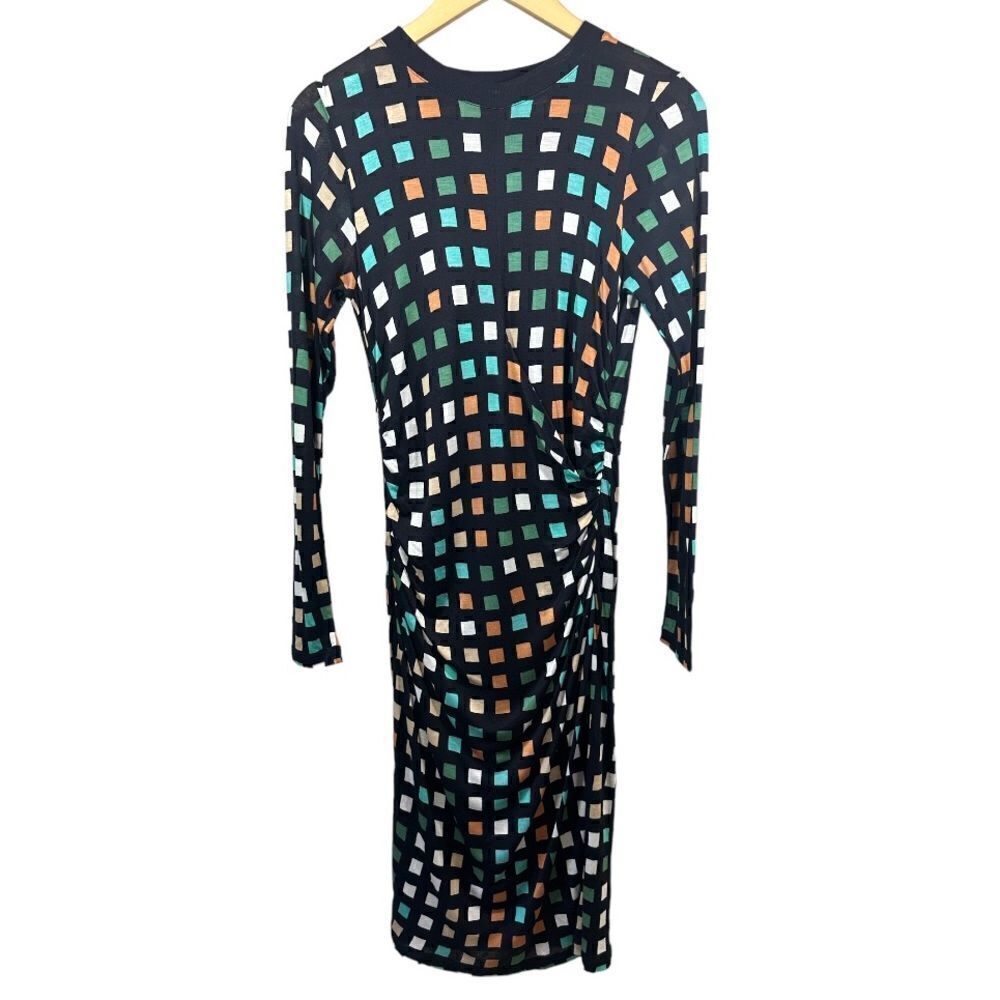 BOSS Women's Esetta Geometric Print Ruched Midi Dress Navy Blue Extra Small